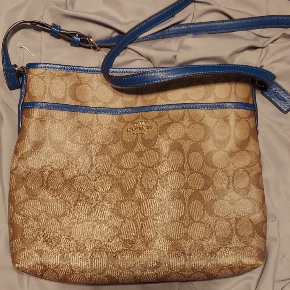 Coach Tan and Blue Signature Shoulder Bag